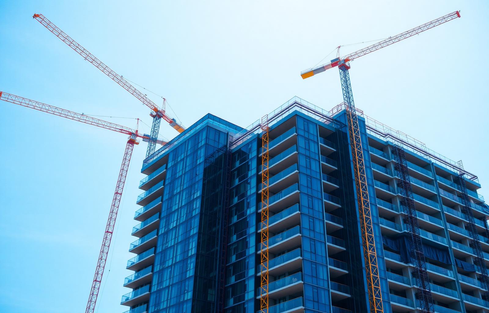 Edifício moderno em construção com gruas e fachada de vidro