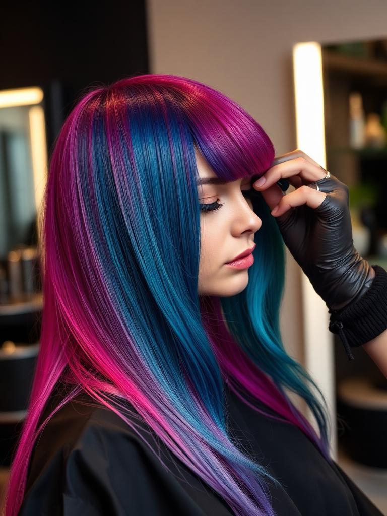 Coloração fantasia azul e magenta