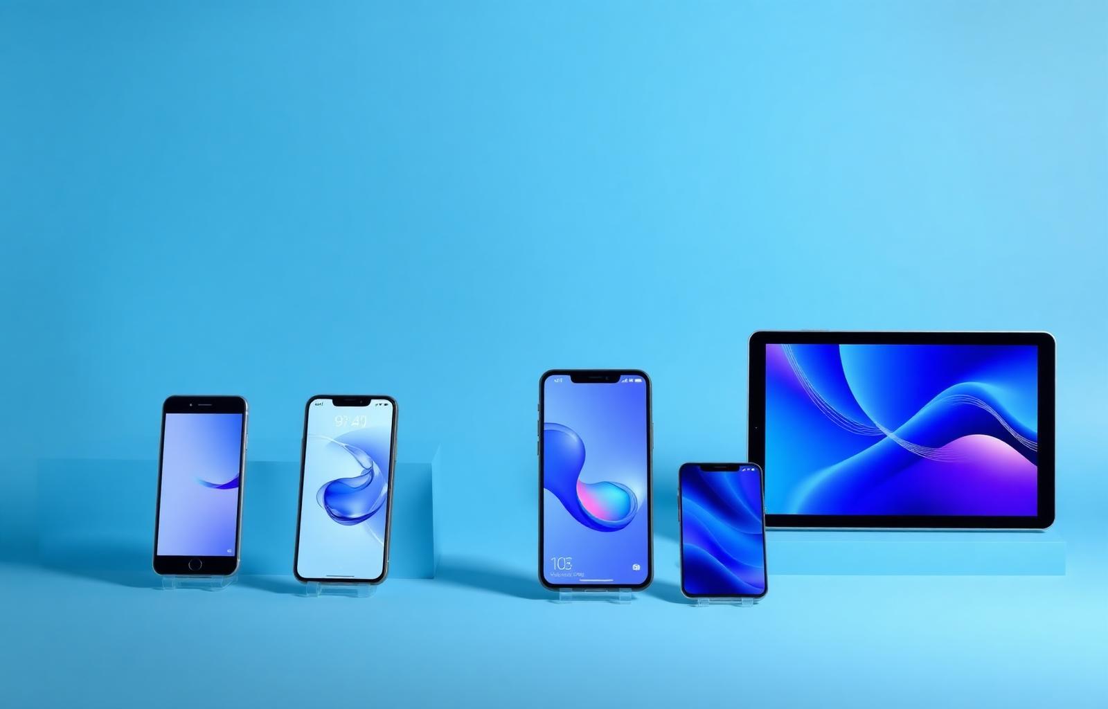 Coleção de smartphones e tablets sobre fundo azul